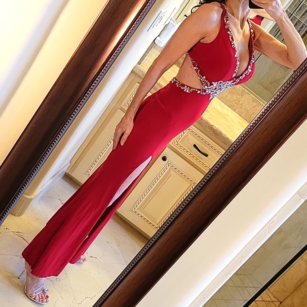 Mac Dugall Red Open-Back Embellished Side Cutout … - image 2